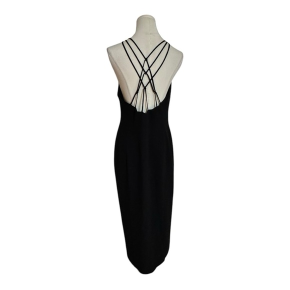 TAHARI Black Midi Dress Strappy Back Slit Cocktail Party Wedding Size 12 Sexy - Picture 2 of 8